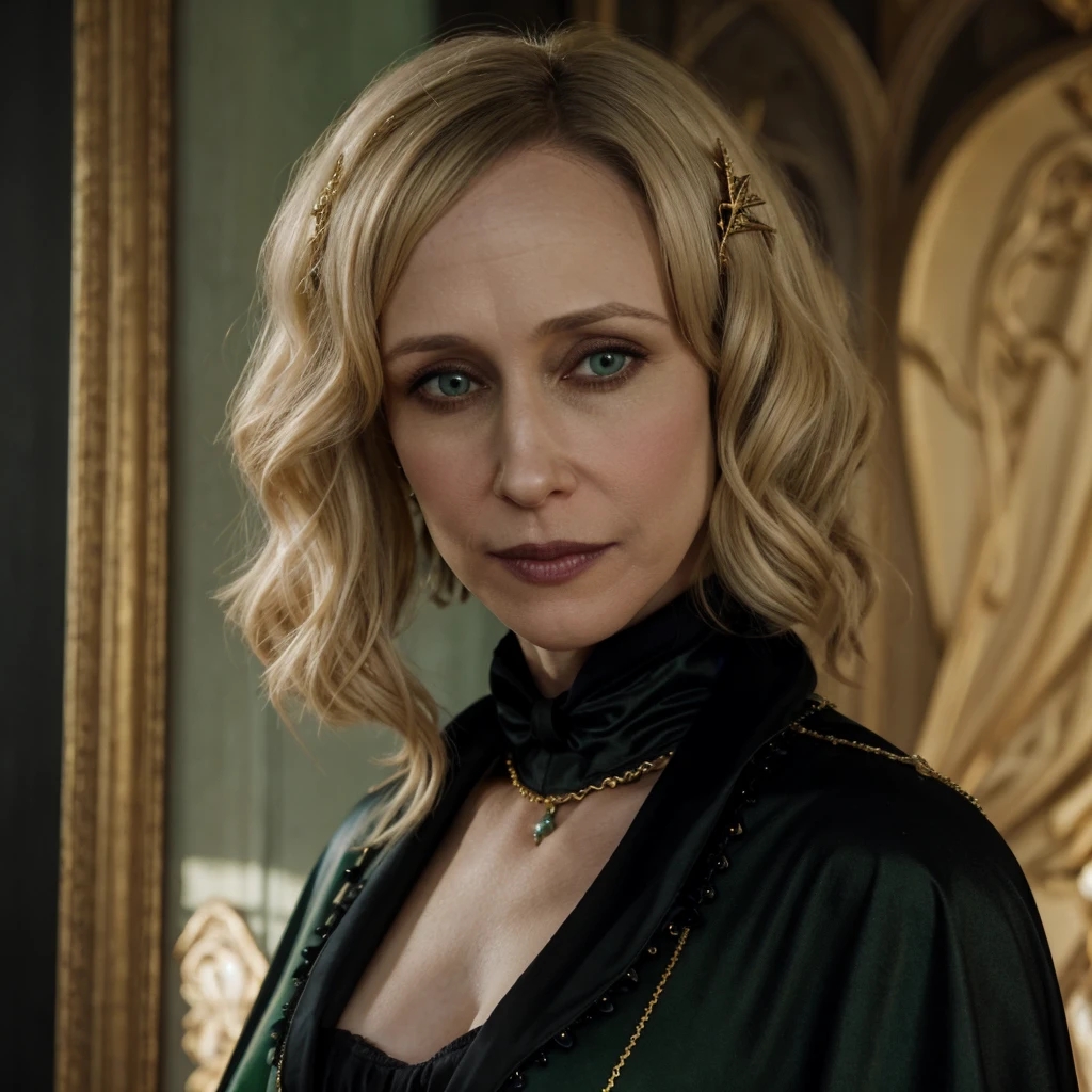 Portrait of Vera Farmiga with a golden crown, blonde platinum hair, pale skin, green eyes, gothic victorian dress, black makeup, black cape, golden jewels, gothic visual, in the background a landscape of Brazil with beach and mountains, at day