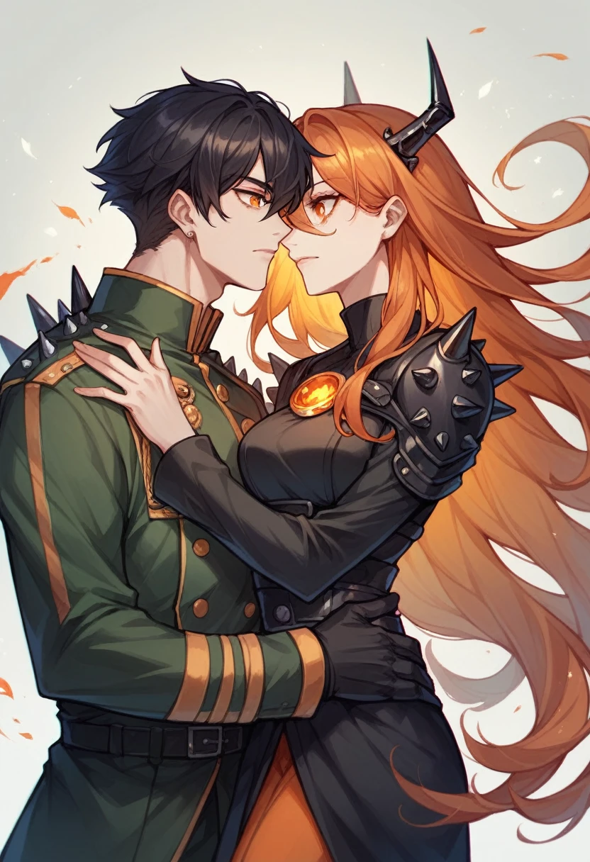 Best quality anime, Caucasian female, fire orange long hair, orange eye, Homen black, short black military hair, black darkcore clothes with iron spikes couple