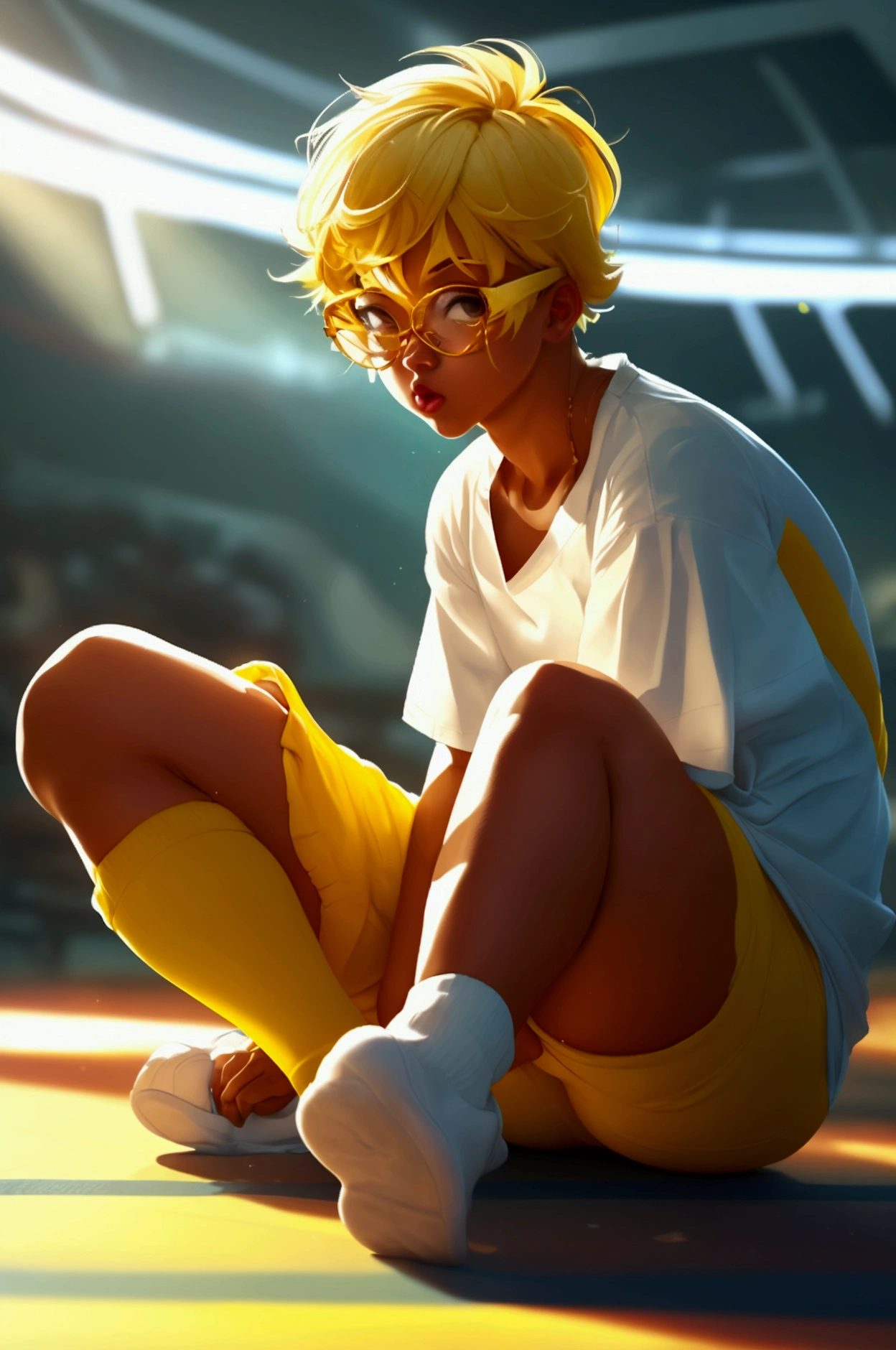 Araffe in a white shirt and yellow socks is sitting on the floor, thick thigs, Thick, lit from behind, looking from behind, thick glasses, big serve, thighs exposed!!!, view from behind, group, thick thighs, thick, curvy accentuated booty, on his knees, thighs up close, thighs exposed, Ablaze