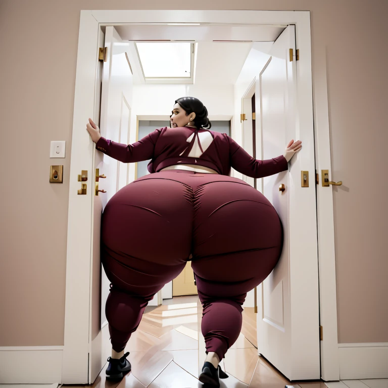 masterpiece, 1girl behind a doorway, from behind, (doorstuck, stuckbehind:1.3), ssbbw ,huge hips, round belly, thick thighs, giant butt,colorful clothing, wearing a maroon red suit and tie and formal pants, upset, desperately trying to wiggle through, she tries to free herself but she won't budge, she is stuck tight view from behind, she is too wide, the doorway is quite narrow too, she kicks her legs furiously, trying to wiggle her hips through the small door, but its no good, the door is too small, she keeps trying to squeeze through with frustration, she is stuck too tight