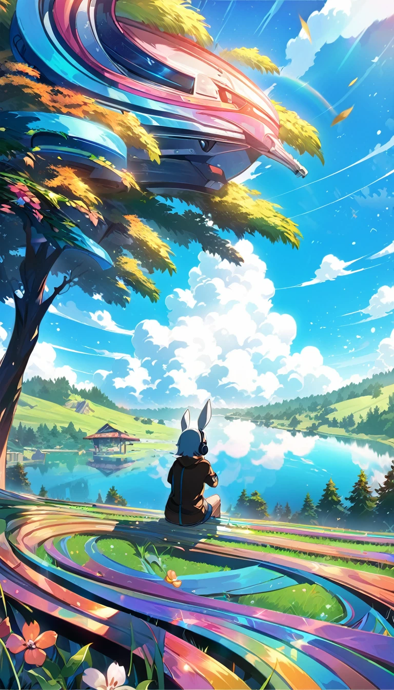 a boy sitting under a tree near a cliff in a meadow , seeing a vast blue sky with fluffy clouds and brush strokes , tall grasses stones, , makoto shinkai cyril rolando, anime art wallpaper 4k, anime art wallpaper 4k, animated background, anime art wallpaper 8K, animated background art, Anime Landscape Wallpaper, amazing wallpaper, HD wallpaper, 4k anime wallpaper, 4k anime wallpaper, Aries Moross art,art by Bob Byerley , AshleyWoodArtAI, greg rutkowski, flower, very colourful, flower velly, rabbit near the boy,boy listening music using by headphone