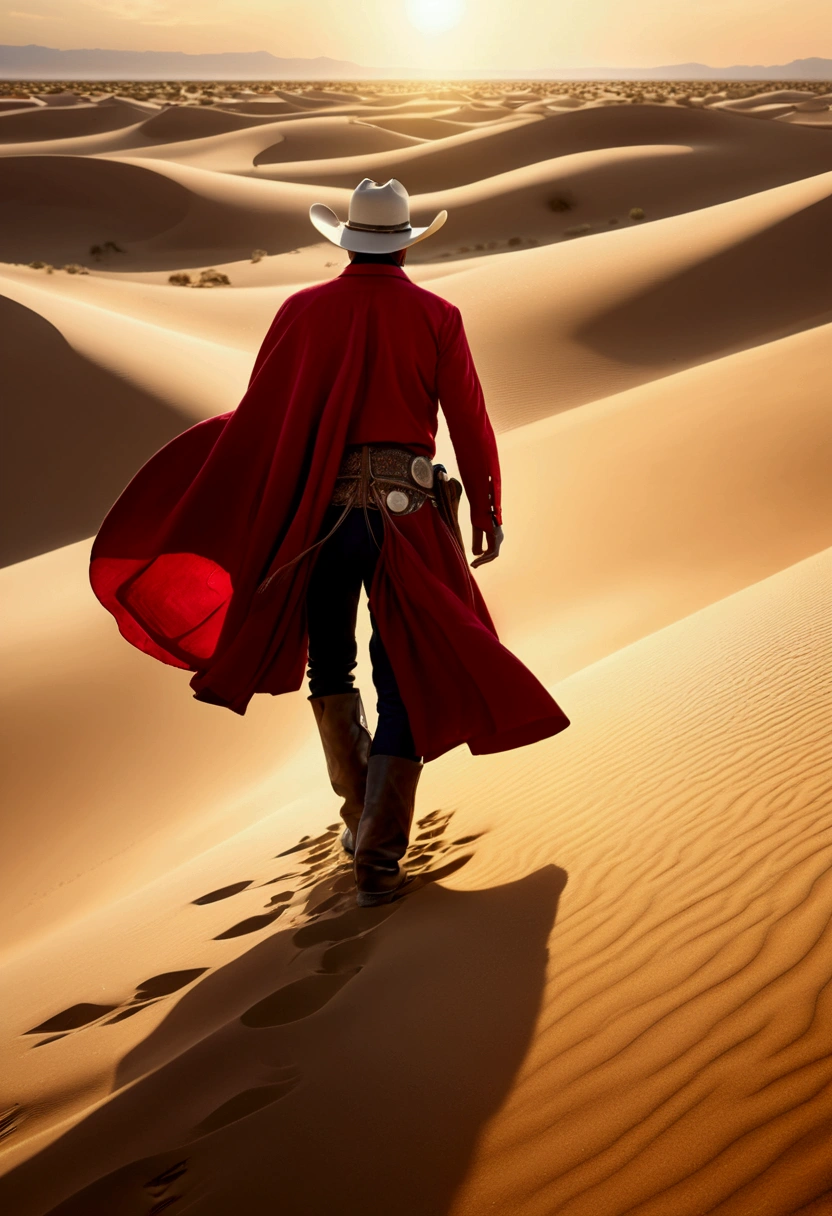 (Western Cowboy with hat), walks among dunes that sing with the wind. The sands, a (fiery red) tapestry of memories and dreams, shift underfoot, revealing and hiding (golden) ancient secrets with each gust, a testament to the fleeting nature of time, full body, award-winning, cinematic still, emotional, vignette, dynamic, vivid, (masterpiece, best quality, Professional, perfect composition, very aesthetic, absurdres, ultra-detailed, intricate details:1.3)