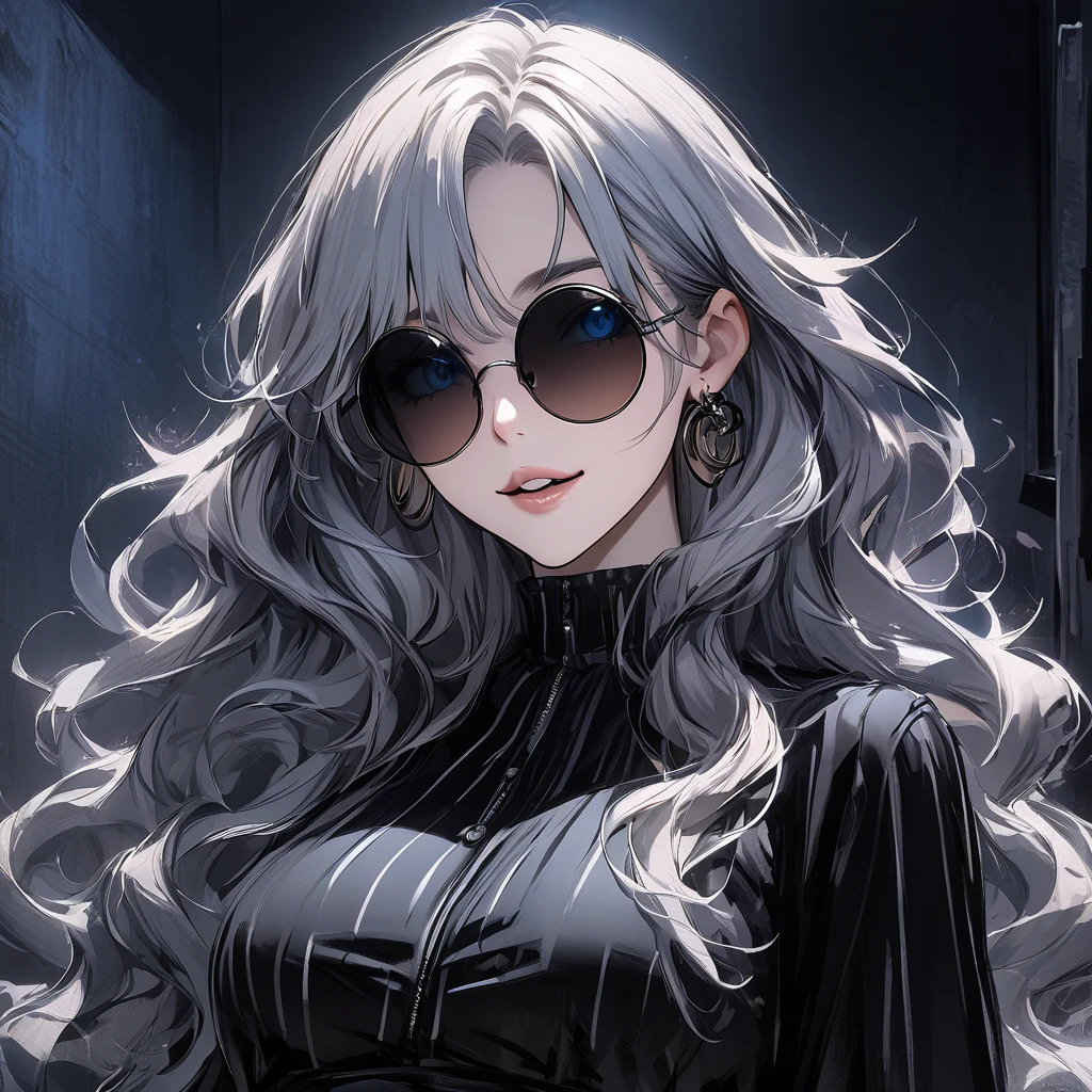 1girl, female gojo satoru, ((Blue ringed eyes, round sunglasses)) ((Silver_hair, wavy hair, hair curls )) , night view, (hanging breasts) upper_body, smile, indoors, parted lips, (long hair) ((wearing black colour outfit, glossy)) breast, "very detailed and high resolution" (Blue ringed eyes, round sunglasses ) ((solo)) (((front view))) (earings) ((high resolution)) ((good quality)) ((silky hair, wavy hair )) ((parted lips)) ((upper body))