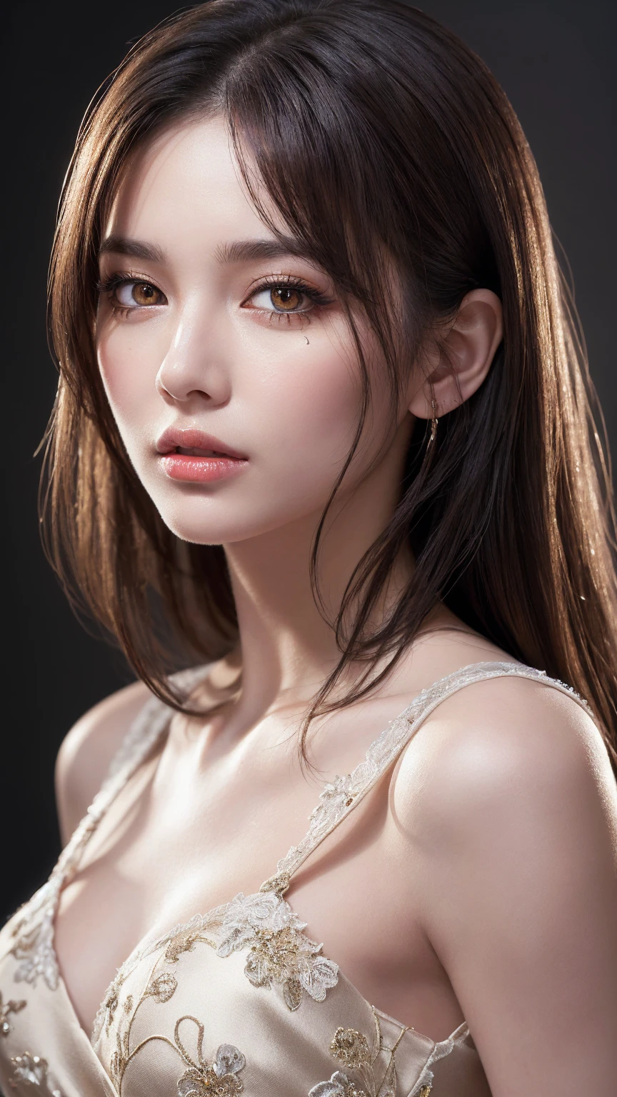 (photorealistic Realism 16K Quality, ultra-fine digital art), (Hyper-realistic proportional body, anatomically correct:1.3), beautiful girl, Half Body Portrait, Short, bright red, messy hair, Black Eyeshadow, (super detailed beautiful, slim and sharp-face), (light pale complexion). BREAK, (Super beautiful, (Insanely details brown_eyes1.25), ((Hyperrealistic sharp real human eyes)), (tired and sleepy and satisfied:0.0), perfect round eyes, (finely detailed pupils:1.3), detailed, Cinematic Light, High resolution, detailed facial features,Sharp focus, Smooth, beautiful, (Dressed in a breath taking, silk Dolce&Gabbana Floral dress),
