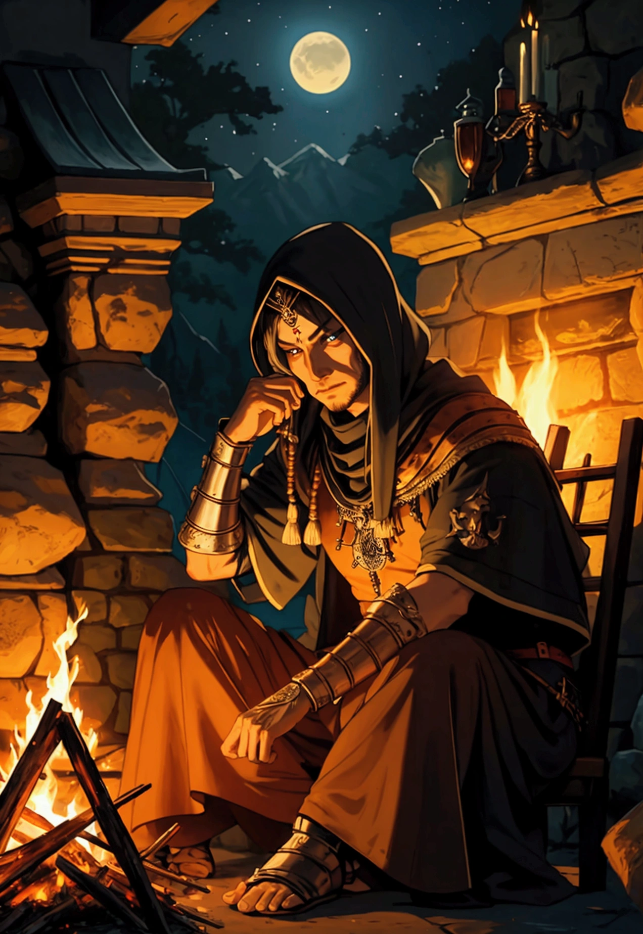 A wise warrior sitting at a fire, tematica darck fantasy, bonfire do darcksouls