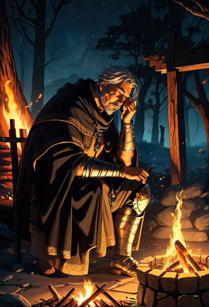 A wise warrior sitting at a fire, tematica darck fantasy, bonfire do darcksouls