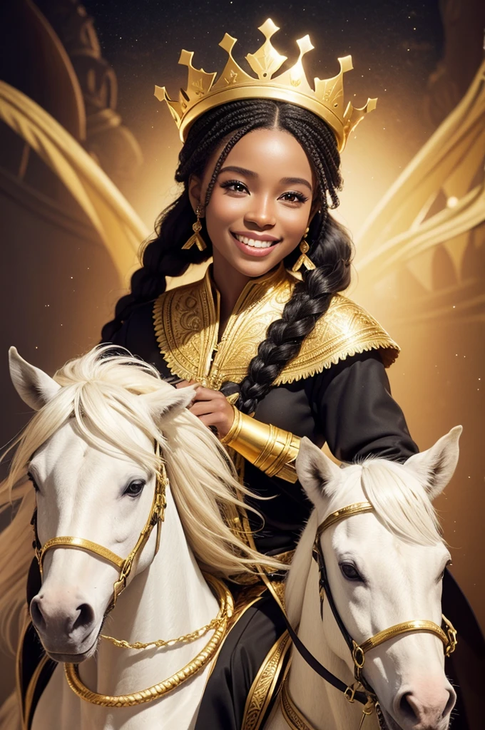 a black African disney princess riding a white horse with a golden mane, light smile, light smile, black hair, braid, crown, crown, crown, flower on head