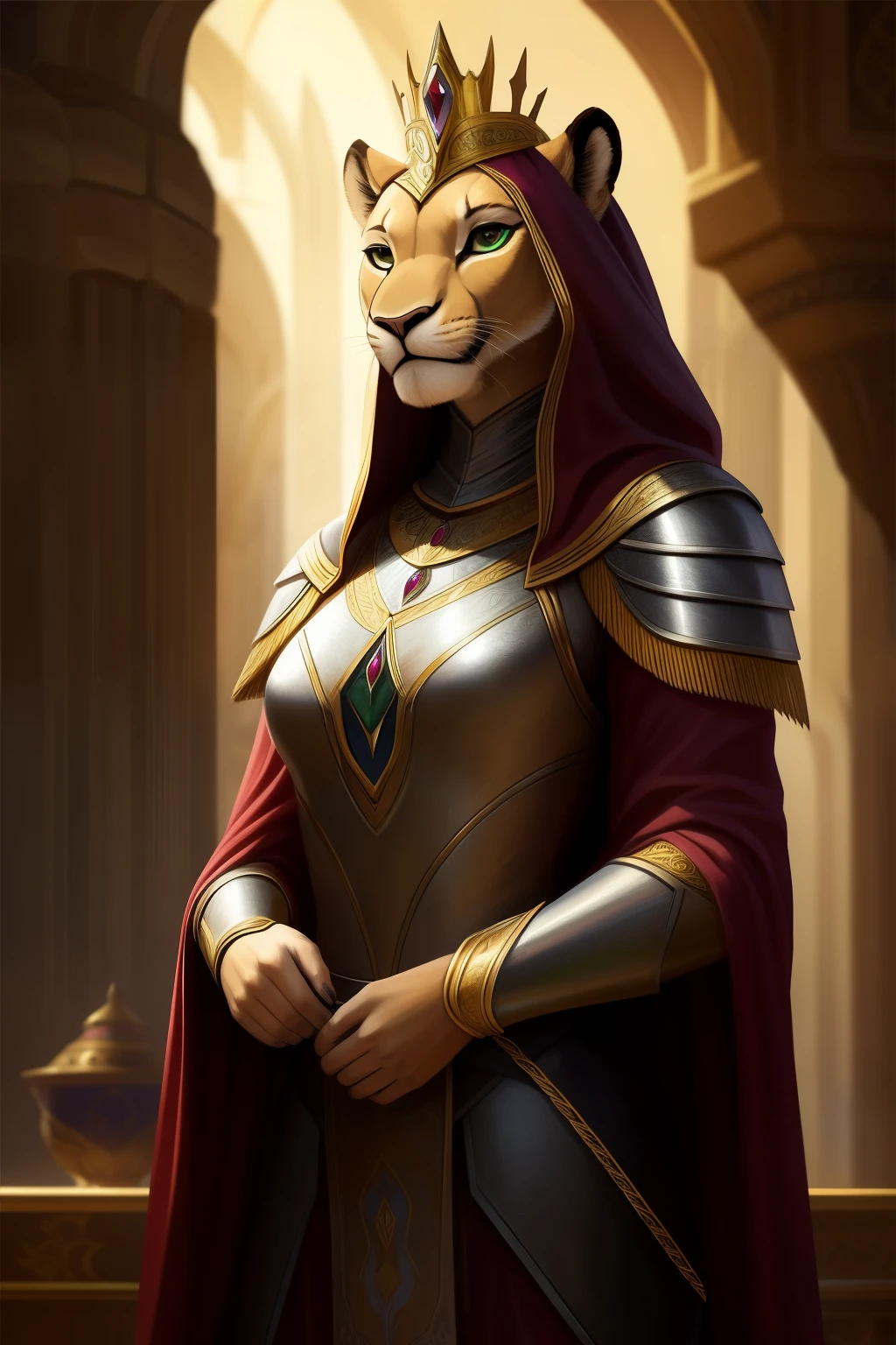 Digital masterpiece showcasing a regal lioness with humanoid features, donning exquisite medieval knight armor. The lioness's head is crowned with a magnificent, golden helmet, intricately designed and flowing, that accentuates her noble lineage. The armor, a gleaming blend of silver and crimson hues, covers her robust shoulders, chest, and arms, reflecting light and highlighting its polished surface. The setting is a gradient of enchanting dark green to captivating black, enhancing the image's breathtaking depth and contrast. With a realistic touch intertwined with a hint of fantasy, this digital illustration exudes the lioness queen's maj