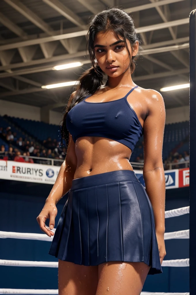 18 years old topless indian girl, detailed face, beautiful eyes, luscious lips, long eyelashes, busty, large breasts, double ponytails, navy blue skirt, topless, in crowded boxing arena, full body shot, wet clothes, wet body
