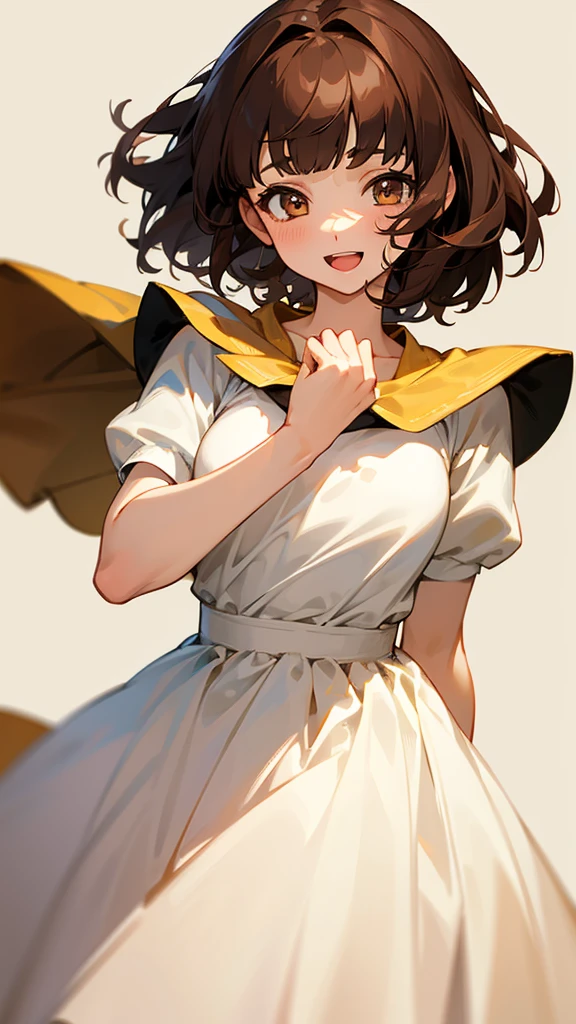 One girl, Brown Hair, Medium Hair, Textured skin, chest, Open your mouth, Bright Eyes, happiness/joy, Simple Background,,Anime Bangs, Dress up、Hair that hides one eye,Lady、Princess