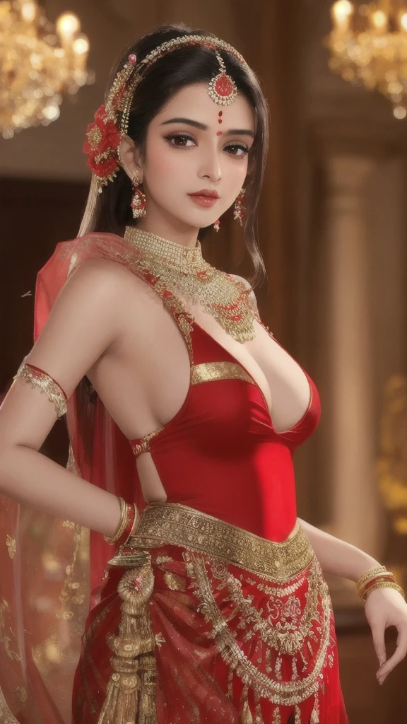 A beautiful Indian woman, large breasts, wearing a traditional red national costume, standing in a sexy pose, highly detailed, 8k, photorealistic, masterpiece, dramatic lighting, vivid colors, soft focus, intricate details, elegant expression, classic Indian aesthetic, glowing skin, luxurious fabrics, graceful posture, captivating gaze,((ภาพสมจริง))