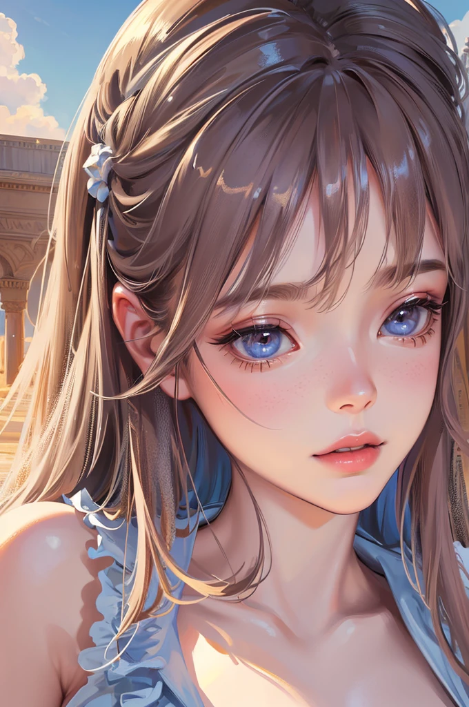 a young angelic girl, 12 years old, strapless dress with feathers, close-up portrait, extremely detailed face, blue sky, clouds, castle, full body, (cover style:1.3), ruins, (best quality,8k,highres,masterpiece:1.2),ultra-detailed,(realistic,photorealistic,photo-realistic:1.37),porcelain skin,long eyelashes,beautiful detailed eyes,beautiful detailed lips,extremely detailed eyes and face,natural lighting,warm color tones,cinematic composition,dramatic lighting