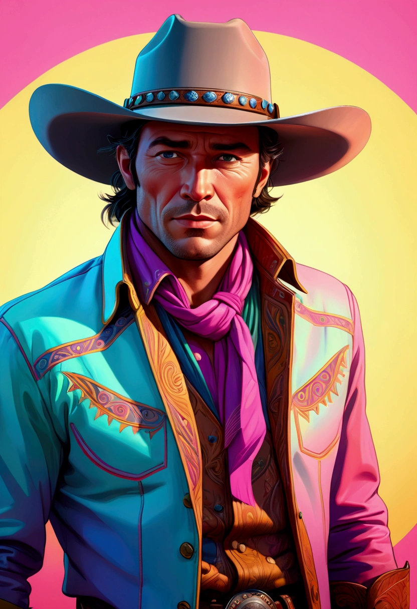 (Western Cowboy with hat), Starry sky, inspired by the glow of colorful distant celestial bodies, lighting up the night sky with a gentle hint of warmth and longing for the beauty that exists far beyond our reach, full body, award-winning, cinematic still, emotional, vignette, dynamic, vivid, (masterpiece, best quality, Professional, perfect composition, very aesthetic, absurdres, ultra-detailed, intricate details:1.3)