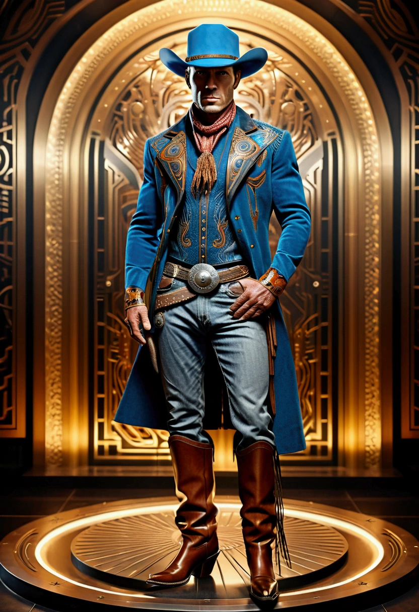 (Western Cowboy with hat), Sci-fi biomechanical humanoid, in the style of moden Art Deco, elegant luxury, hyper-detailed, hyper-realistic, full body, award-winning, cinematic still, emotional, vignette, dynamic, vivid, (masterpiece, best quality, Professional, perfect composition, very aesthetic, absurdres, ultra-detailed, intricate details:1.3)