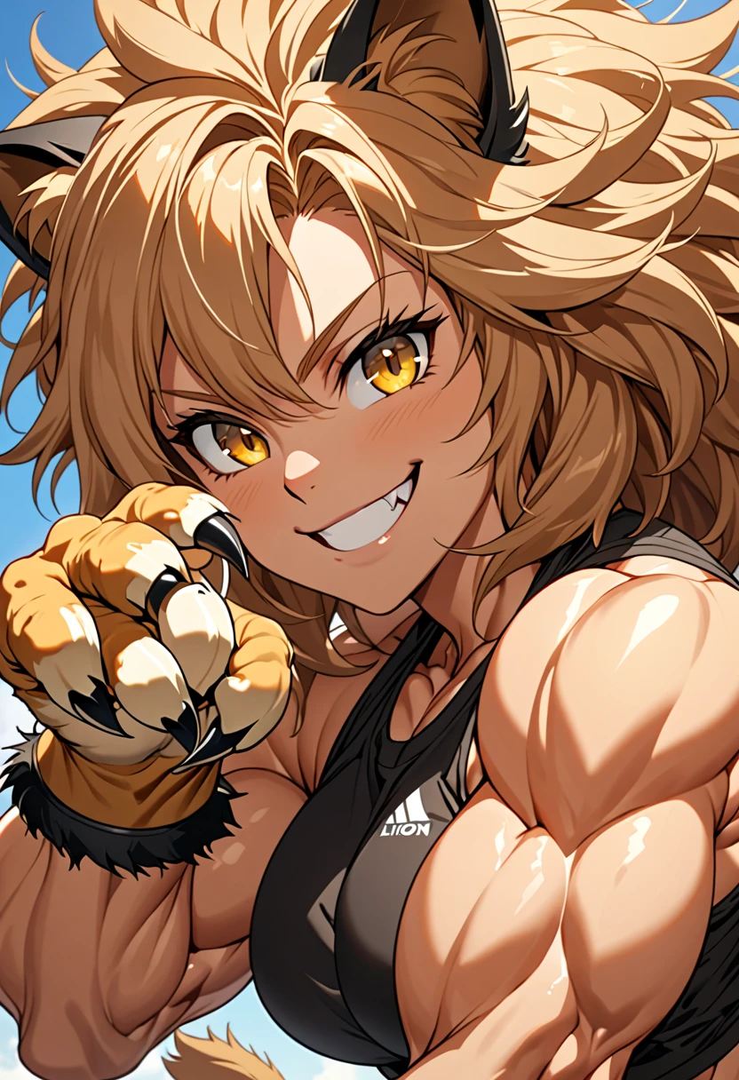 solo female, cat girl, lion ears and tail, short wild sandy hair, hazel eyes, muscular, curvaceous, tomboy, smile, sunny, furry claws, close up