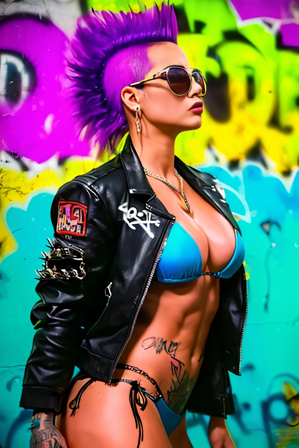 (Artwork, best quality:1.2), 1 girl , ((side view)) , ((hyperrealistic:1.4)), realistic, intrincately detailed, "Punk Girl", in dynamic sensual pose, sexy, hot, ((spiky mohawk hair, Black punk hair, angry face, wearing a black jacket, chains, sunglasses. Rocket style, tattooed girl , hot body, abs, bikini boobs) . (((Realistic skin, skin Textures, glowing skin, detailed eyes, realistic eyes))), Shallow depth of field, vignette, highy detailed, high budget, bokeh, cinemascope, temperamental, epic, marvelous, film grain, grainy. ((Abandoned Graffiti Wall Background, garbage, cinematic lighting )).