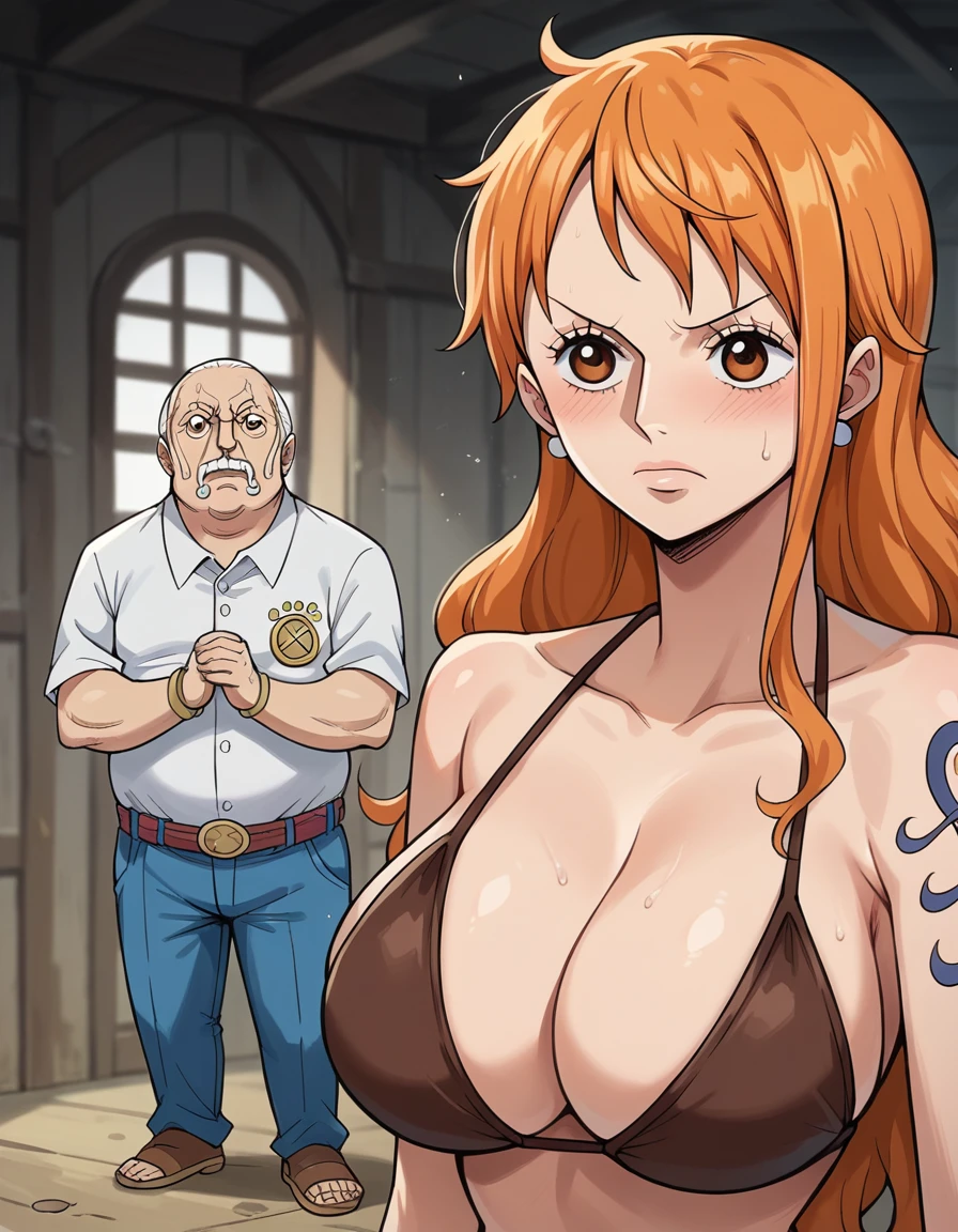 Masterpiece, best quality, Masterpiece, best quality, 1 woman, Nami One piece , long orange hair , sly face , brown bikini , big breasts , abdomen. , 1 man , old man , sneaking behind , harassing , abandoned factory