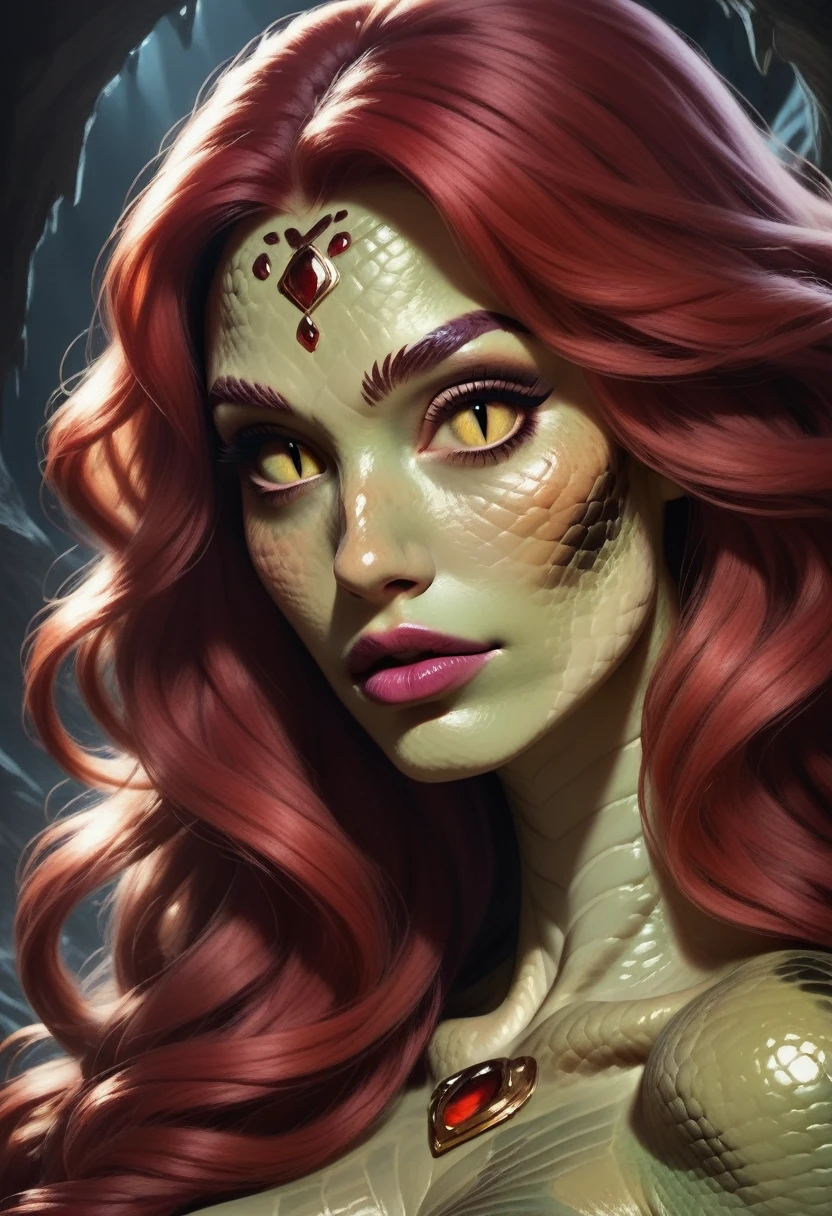 score_9, score_8_up, score_7_up, score_6_up, score_5_up, score_4_up, 1girl, naga woman, snake woman, red hair, slit pupils,  beautiful eyes, dungeons and dragons, portrait, up close, freckles, long hair, realistic, high quality, detailed, fantasy dark cave background