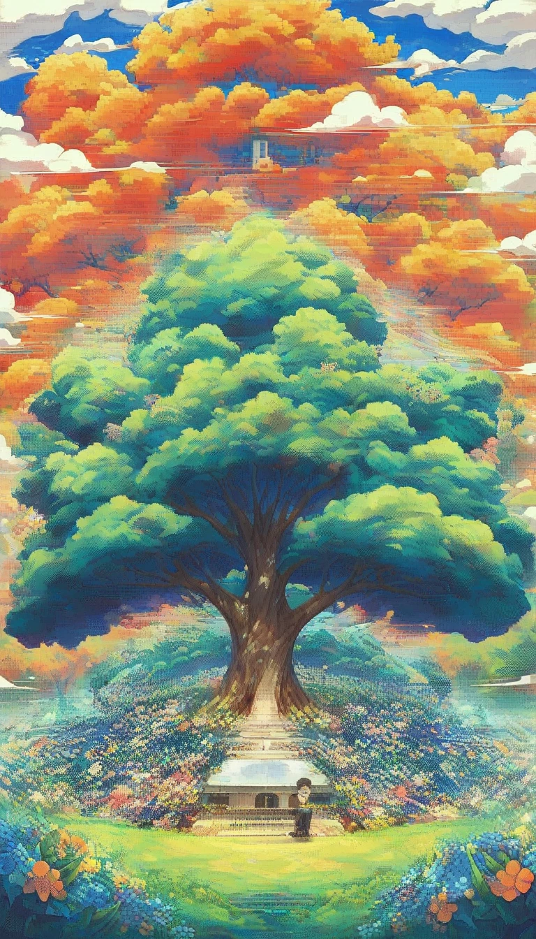 a boy sitting under a tree near a cliff in a meadow , seeing a vast blue sky with fluffy clouds and brush strokes , tall grasses stones, , makoto shinkai cyril rolando, anime art wallpaper 4k, anime art wallpaper 4k, animated background, anime art wallpaper 8K, animated background art, Anime Landscape Wallpaper, amazing wallpaper, HD wallpaper, 4k anime wallpaper, 4k anime wallpaper, Aries Moross art,art by Bob Byerley , AshleyWoodArtAI, greg rutkowski, flower, very colourful, flower velly, rabbit near the boy,boy listening music using by headphone
