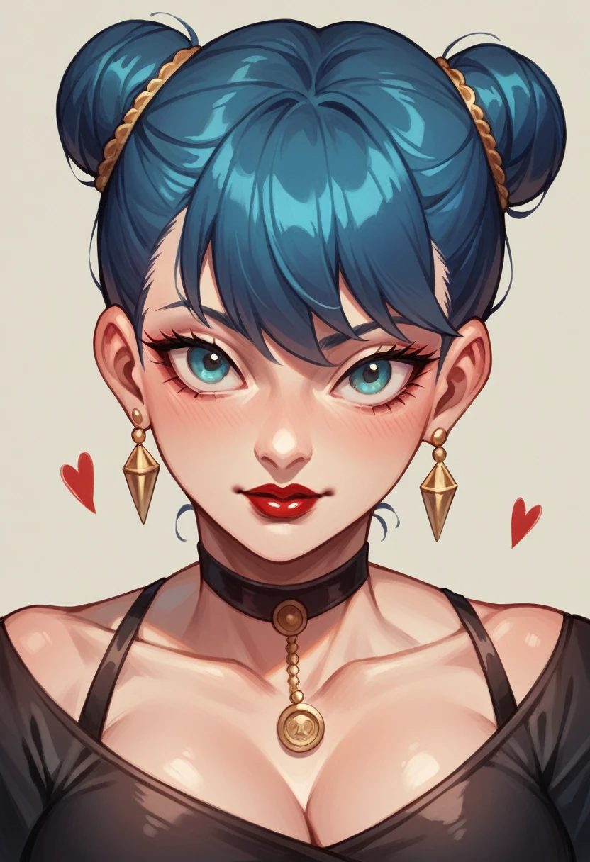 beautyfull woman, blue buns hair, black spy black collant, red lipstick, adult, sexy