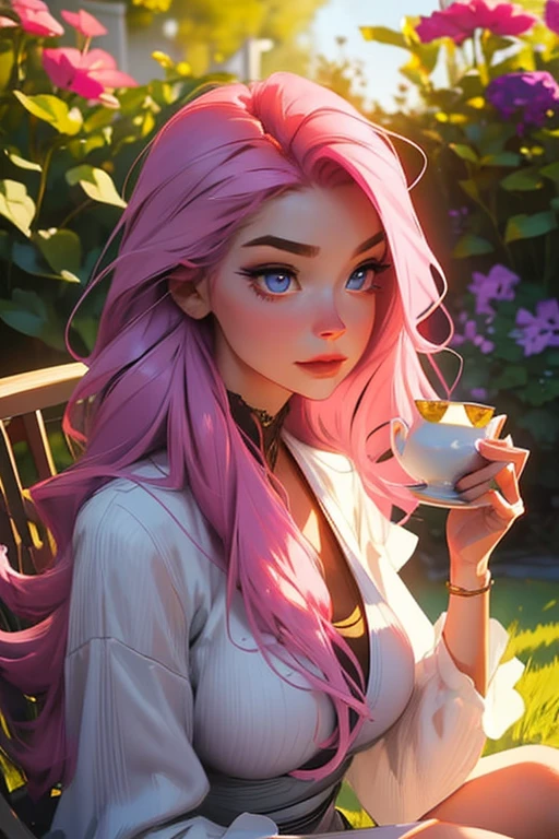 Perfect faces. Perfect hands. A pink haired woman with violet eyes and an hourglass figure is drinking tea in the garden in the early morning light
Waiting to start 
