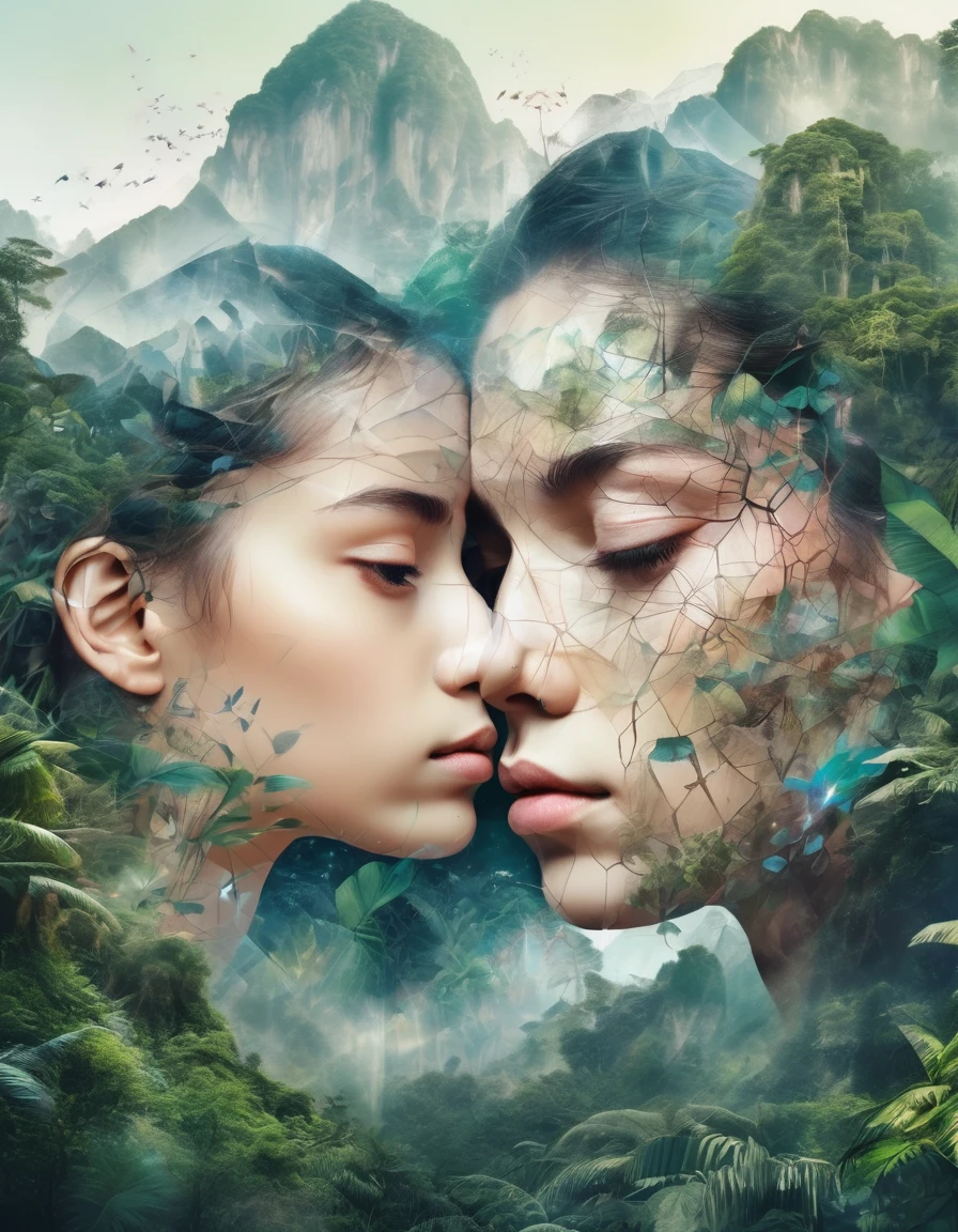 Nature style, Transparent girl and boy face close-up，Jungle mountains image foreground, multiple exposure, Complex illustrations in surrealist art style, Surreal dreams