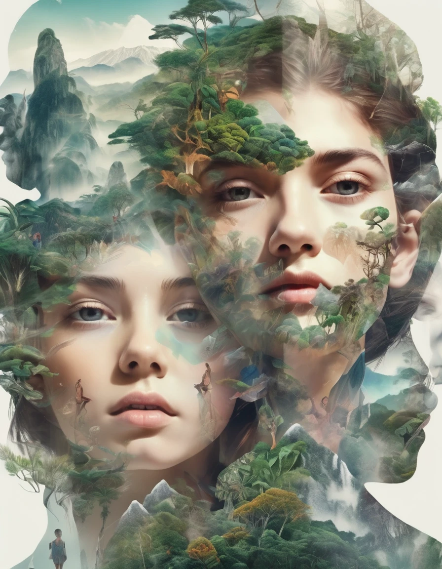 Nature style, Transparent girl and boy face close-up，Jungle mountains image foreground, multiple exposure, Complex illustrations in surrealist art style, Surreal dreams