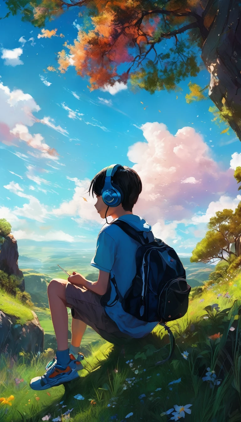 a boy sitting under a tree near a cliff in a meadow , seeing a vast blue sky with fluffy clouds and brush strokes , tall grasses stones, , makoto shinkai cyril rolando, anime art wallpaper 4k, anime art wallpaper 4k, animated background, anime art wallpaper 8K, animated background art, Anime Landscape Wallpaper, amazing wallpaper, HD wallpaper, 4k anime wallpaper, 4k anime wallpaper, Aries Moross art,art by Bob Byerley , AshleyWoodArtAI, greg rutkowski, flower, very colourful, flower velly, rabbit near the boy,boy listening music using by headphone
