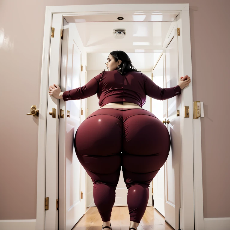 masterpiece, 1girl behind a doorway, from behind, (doorstuck, stuckbehind:1.3), ssbbw ,huge hips, round belly, thick thighs, giant butt,colorful clothing, wearing a maroon red suit and tie and formal pants, upset, desperately trying to wiggle through, she tries to free herself but she won't budge, she is stuck tight view from behind, she is too wide, the doorway is quite narrow too, she kicks her legs furiously, trying to wiggle her hips through the small door, but its no good, the door is too small, she keeps trying to squeeze through with frustration, she is stuck too tight