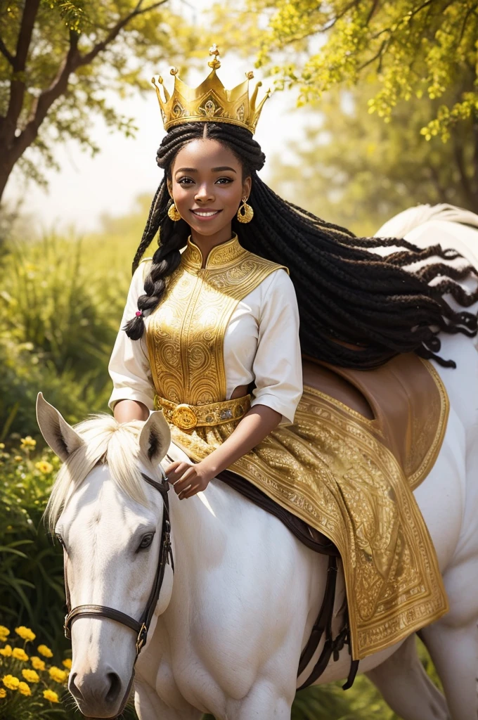 black African Disney princess on a white horse with golden mane, light smile, black hair, braid, crown, flower on her head
