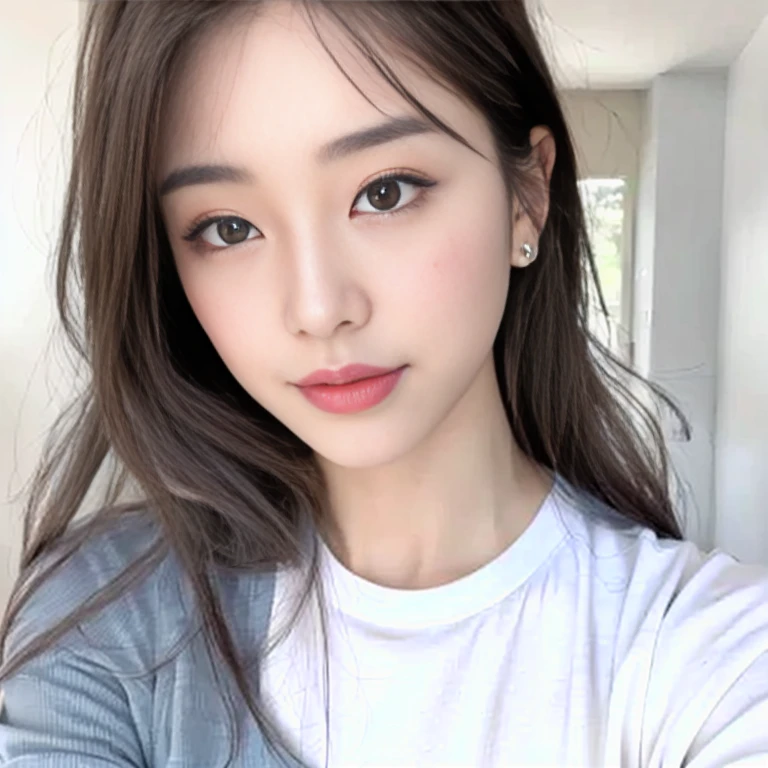 a woman with long hair and a white shirt posing for a picture, Young and adorable Korean face, One adorable Korean face, Popular Korean makeup, Popular Korean makeup, Beautiful Korean Women, Gorgeous Young Korean Woman, Beautiful young Korean woman, Korean facial features, Young and pretty Asian face, A lovely and delicate face, Korean Girls, Round face, Jaeyoung Nam