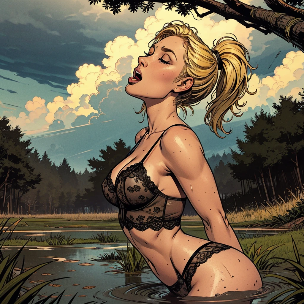 drowned in mud, bog, grass, trees, muck, orgasm, looking up, eyes closed, mouth open, stormy weather, Solo, From Side, wearing black lingerie, blonde hair in ponytail