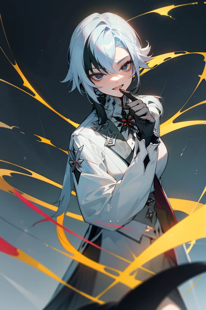best quality, masterpiece, arlecchino, ï¼parted_lips, sidelocks, turtleneck, black_gloves, x-shaped_pupils, :d, looking_at_viewer, simple_background, finger_to_mouth, index_finger_raised, solo, , 1girl, arlecchino, long_sleeves, портрет, белые волосы, красные глаза, злодейка девушка, держащая чашку, злой смех, синий фон, темная ночь, улыбка
