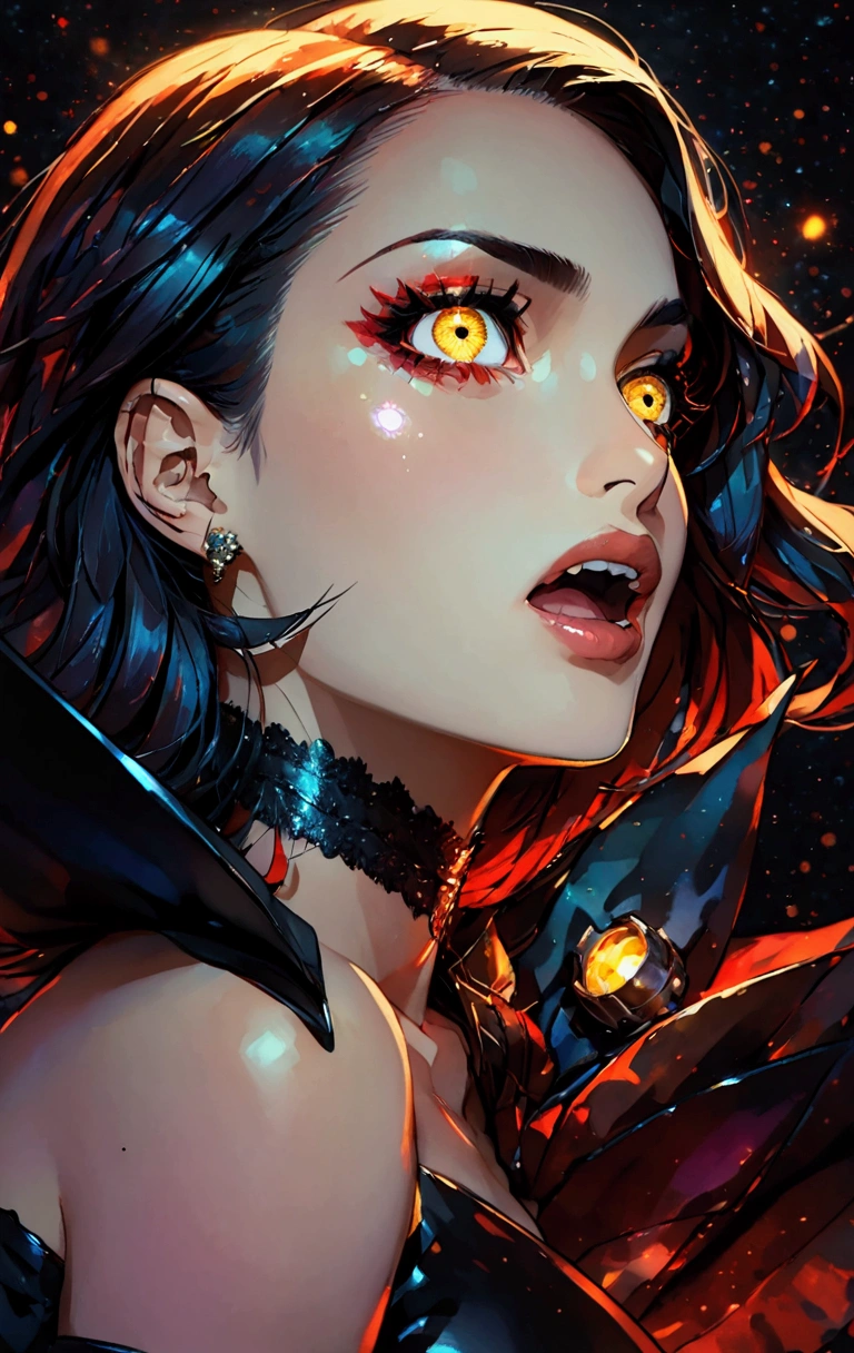 only face portrait, macro, a vampire girl next to a black bat portrait, jaw open roaring, red skin with light and glitter, short fire hair with red skulls on hair, snake lightening eyes with one eye closed, cosmos eyes, next to a black spider, highly detailed fur (vectorized) yellow lightening eyes, detailed skin, image is compelling with dynamic composition and dark posing. Include many fantasy details such as bumps, phantasmal iridescence, glitter, galaxy, cosmos, fire, ((dark celestial , void cosmic body)), (((dark background))), (((lights off))), (((hollywood dark))), horror, dramatic shadows, (in a dark fantasy space:1.3, glitter, sparkle, gleam) vector digital illustration, ()sharp