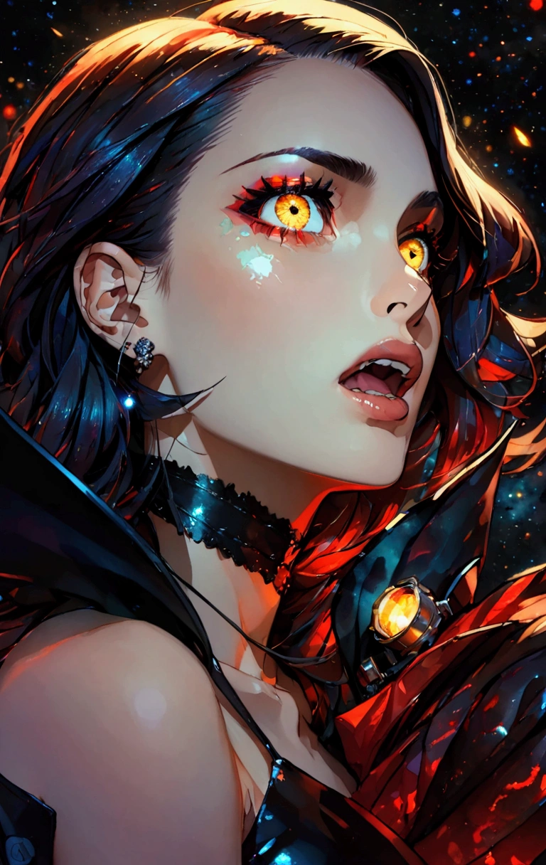 only face portrait, macro, a vampire girl next to a black bat portrait, jaw open roaring, red skin with light and glitter, short fire hair with red skulls on hair, snake lightening eyes with one eye closed, cosmos eyes, next to a black spider, highly detailed fur (vectorized) yellow lightening eyes, detailed skin, image is compelling with dynamic composition and dark posing. Include many fantasy details such as bumps, phantasmal iridescence, glitter, galaxy, cosmos, fire, ((dark celestial , void cosmic body)), (((dark background))), (((lights off))), (((hollywood dark))), horror, dramatic shadows, (in a dark fantasy space:1.3, glitter, sparkle, gleam) vector digital illustration, ()sharp