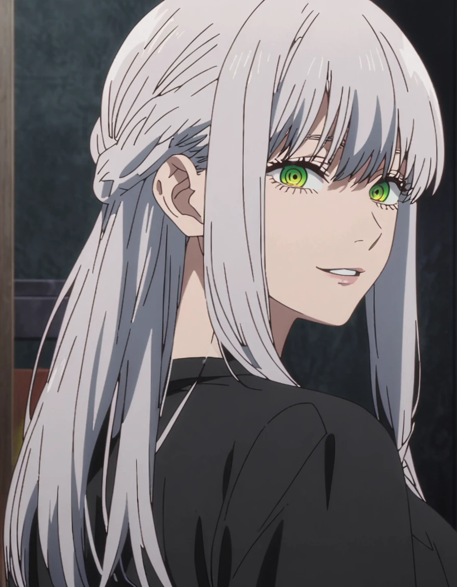 1girl, Makima, Makima from Chainsaw Man, Chinsaw man anime screencap, anime screencap solo, ((long_Silver hair)) hair strands, french braid, black round sunglasses, Green Ringed Eyes, parted_lips, smiling, looking_at_viewer, perfect background, indoors, side view, white_hair, bangs, eyelashes, portrait, black_shirt, shirt, hair_between_eyes, (hair strands, french braid) ((shot from behind))