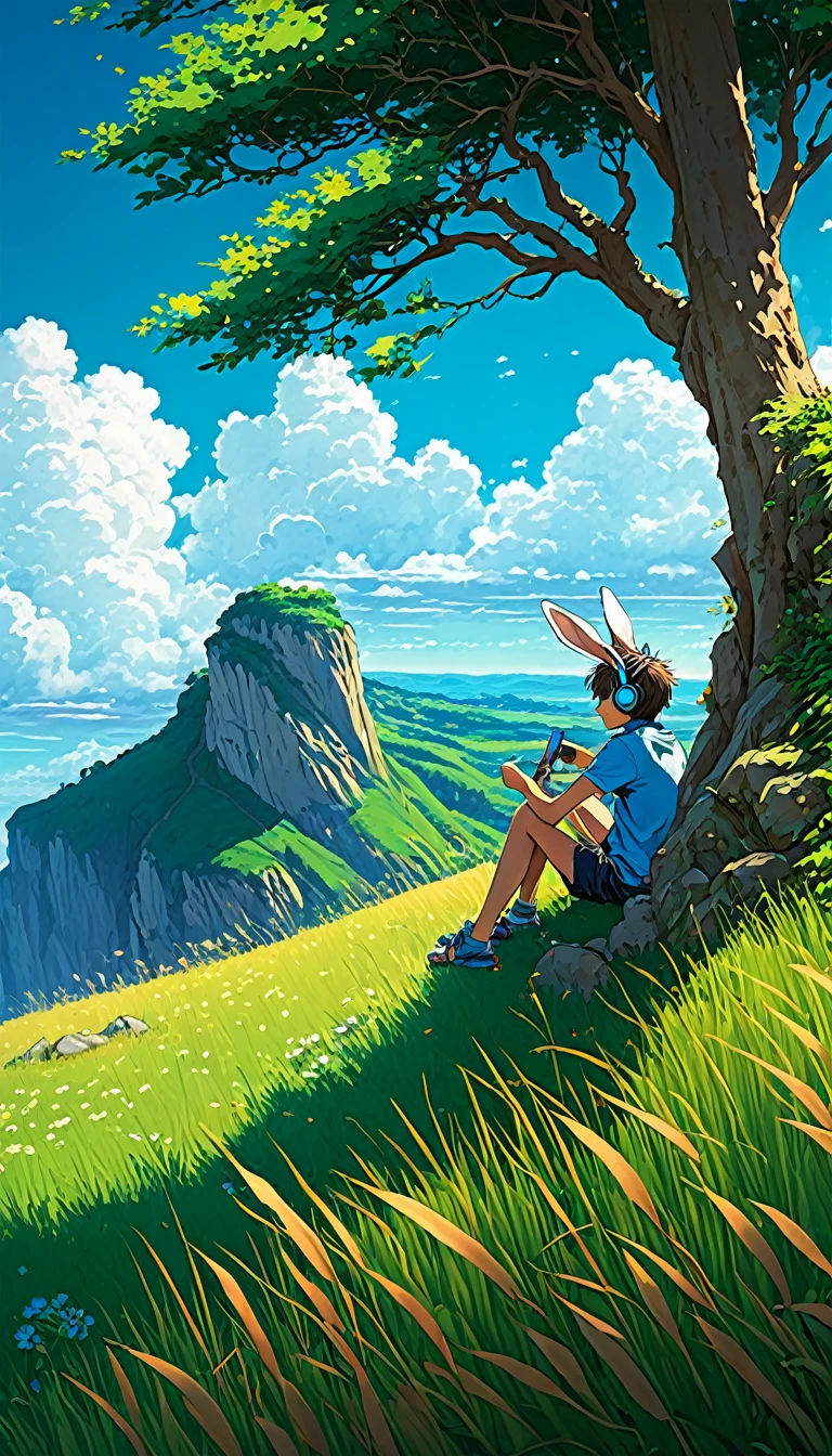 a boy sitting under a tree near a cliff in a meadow , seeing a vast blue sky with fluffy clouds and brush strokes , tall grasses stones, , makoto shinkai cyril rolando, anime art wallpaper 4k, anime art wallpaper 4k, animated background, anime art wallpaper 8K, animated background art, Anime Landscape Wallpaper, amazing wallpaper, HD wallpaper, 4k anime wallpaper, 4k anime wallpaper, Aries Moross art,art by Bob Byerley , AshleyWoodArtAI, greg rutkowski, flower, very colourful, flower velly, rabbit near the boy,boy listening music using by headphone