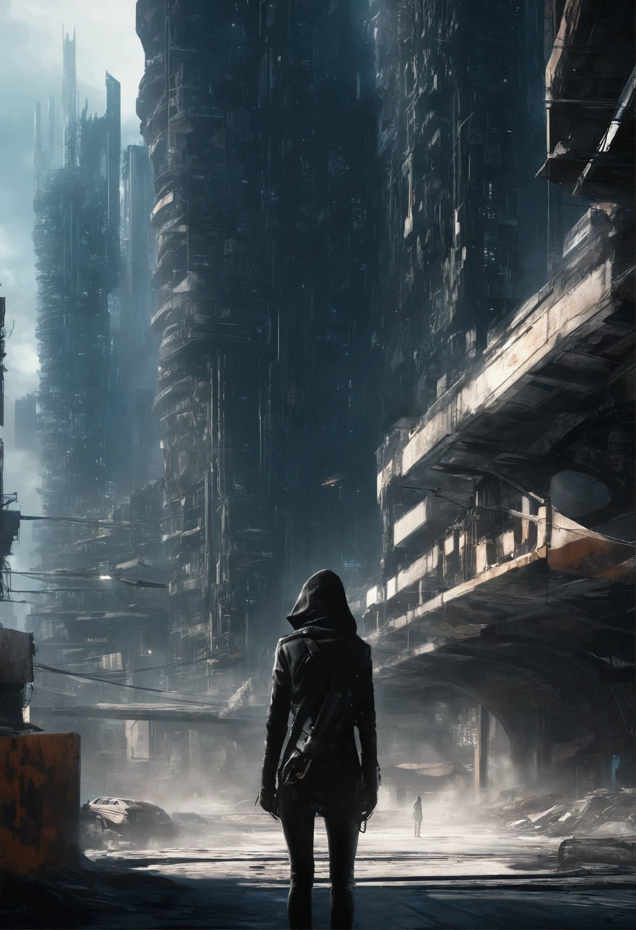 city of the future,A person walks in the middle of it, Dystopian digital concept art, Cyberpunk city abandoned, dystopian cyberpunk city, cyberpunk doomsday city, In a futuristic cyberpunk city, Dystopian sci-fi apocalypse, cyberpunk digital painting, Dirty cyberpunk city, dystopian city of the future, An abandoned dystopian city, dark future city, Space opera and dystopia, scary cyberpunk city