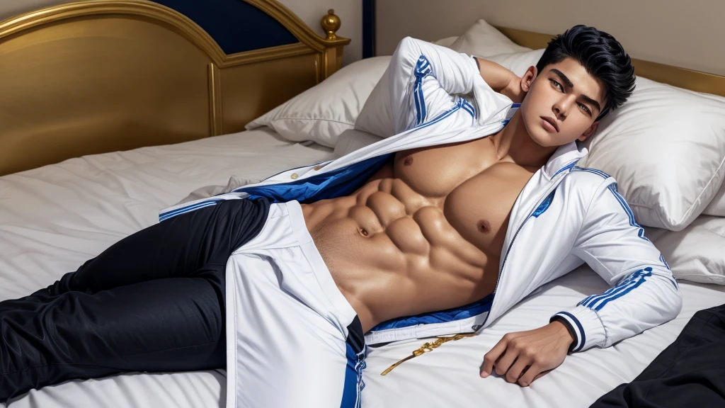 A 19-year-old male, athletic and well-defined body, fair skin, black hair, golden eyes with star-shaped pupils, white jacket with blue details, no shirt under the jacket, black pants with gold details. Lying on the bed in the bedroom.