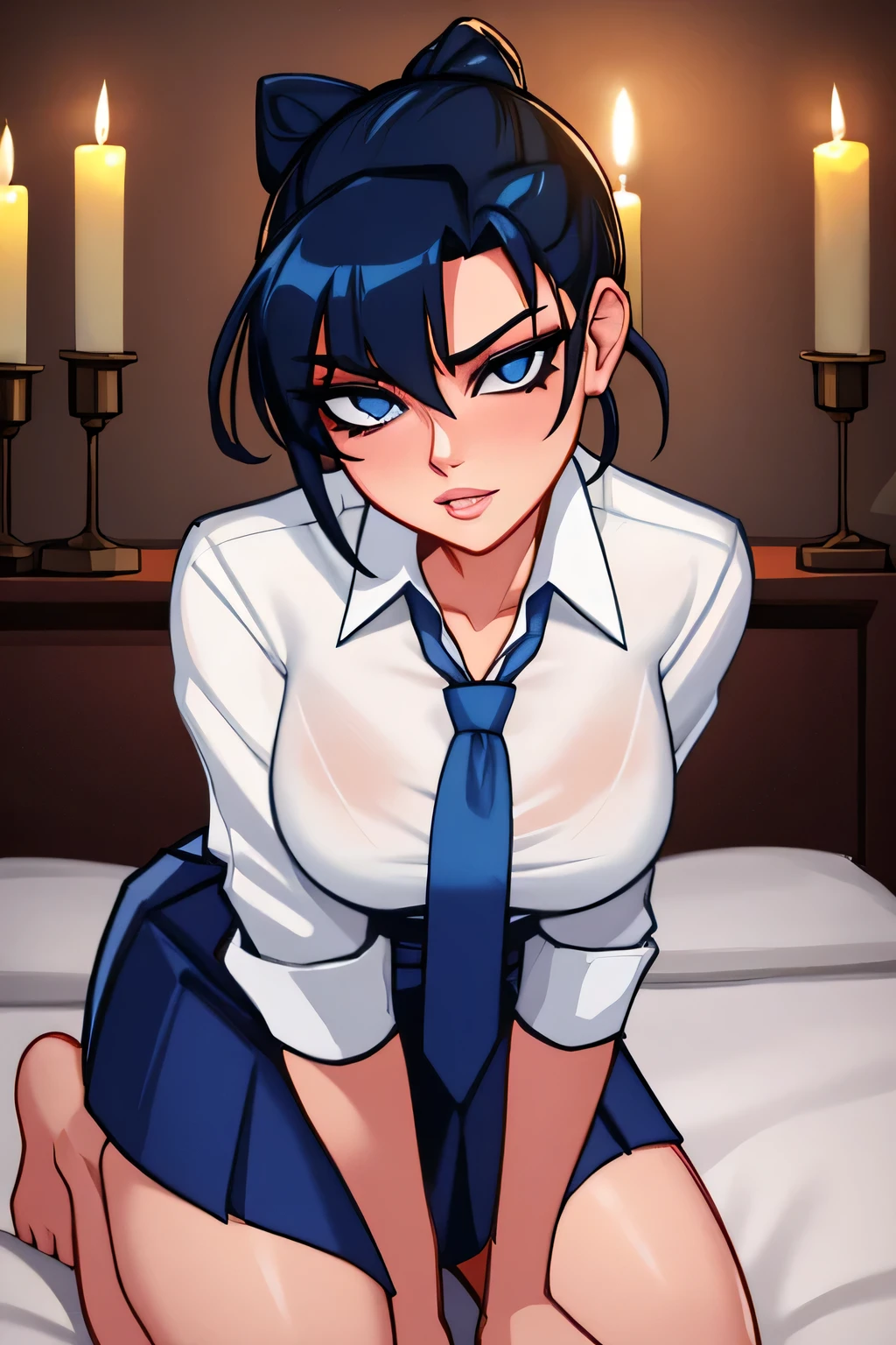 Sexy woman, seductive gaze, parted lips, white shirt, blue tie and skirt, kneeling down on bed, tying her hair in a bun, night time, candles lit