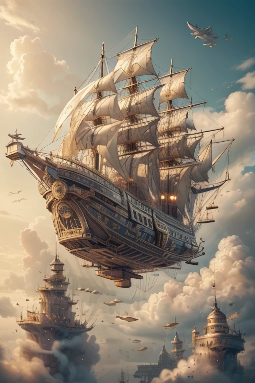 Highest quality、masterpiece、High sensitivity、High resolution、Detailed Description、steampunk、fish、airship、Floating in the sky、