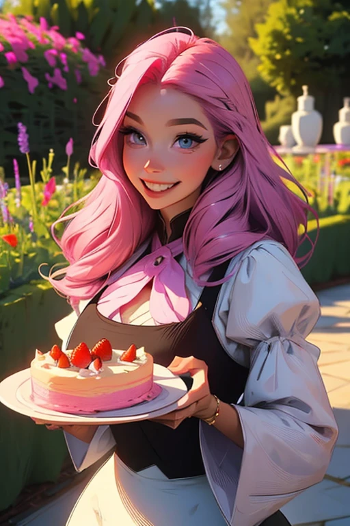 Perfect faces. Perfect hands. A pink haired woman with violet eyes and an hourglass figure is serving cake with a big smile in the garden