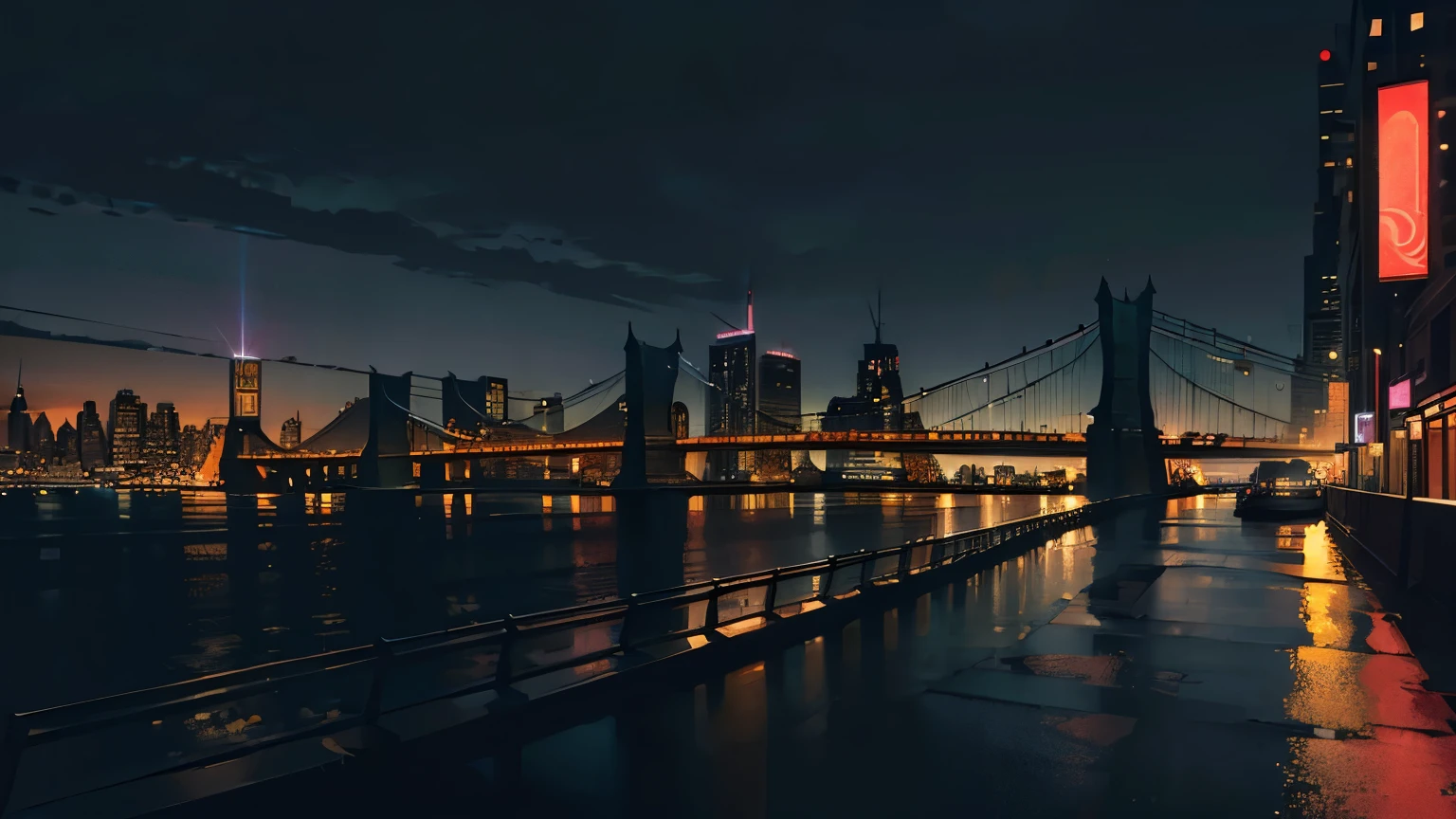 absurdres, bestres, illustration, background, city at night (new york, black sky, dark, street corner, bridge, river, cityscape)