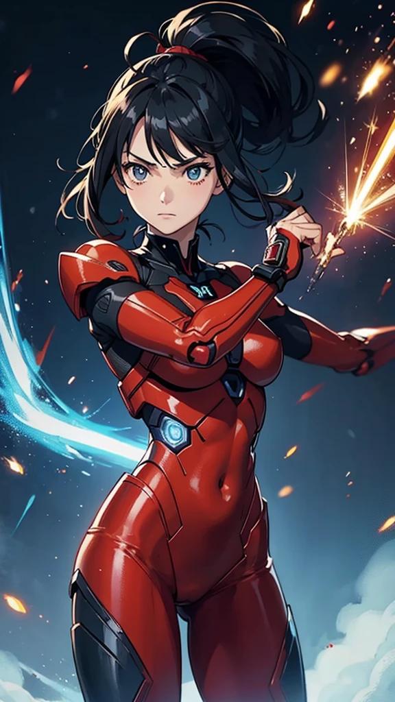Red cyborg suit、17 years old、beautiful girl、ponytail、Black Hair、fight、blue beam、H Cup、Sparks fly,