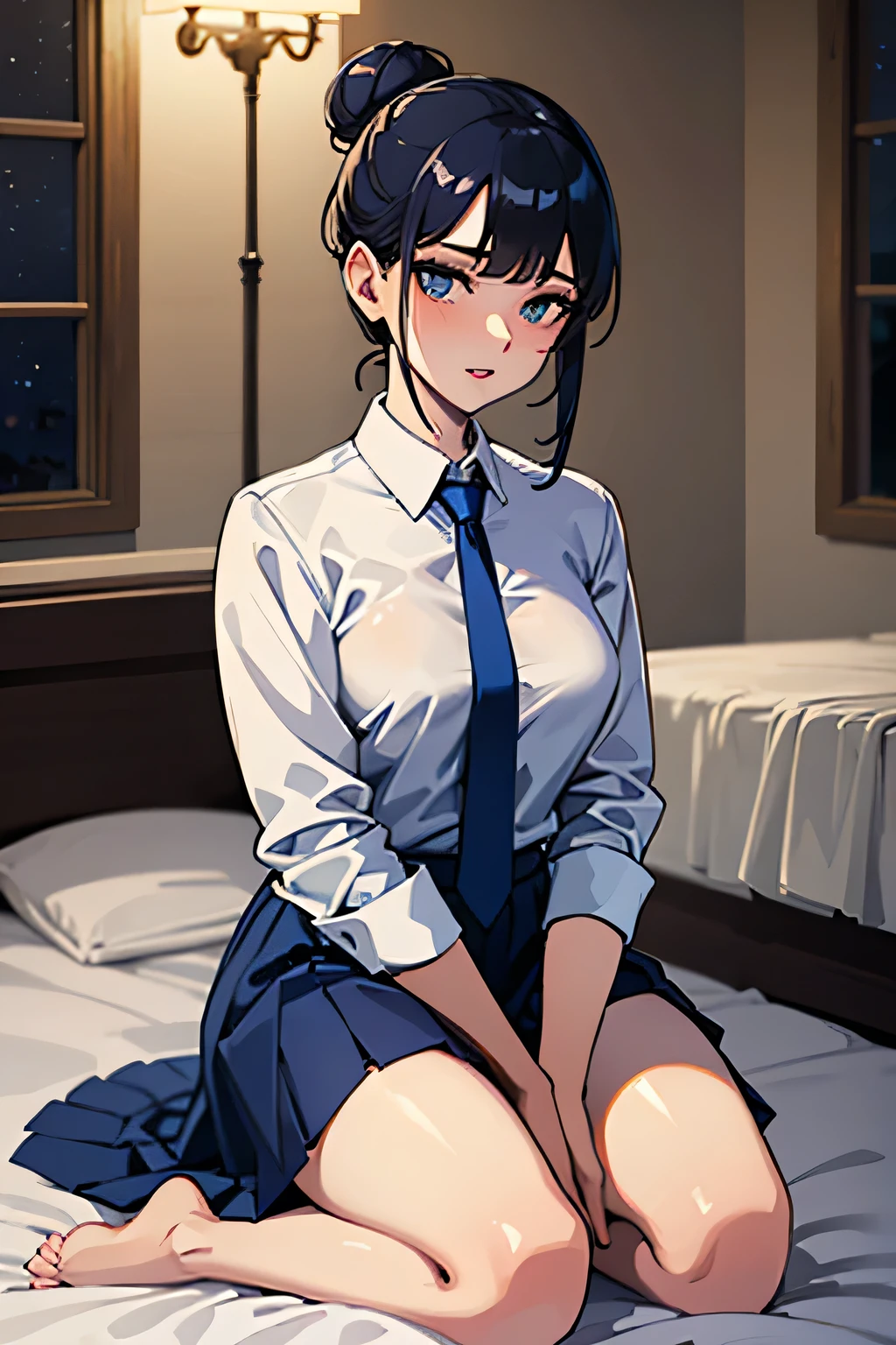 Sexy woman, seductive gaze, parted lips, white shirt, blue tie and skirt, kneeling down on bed, tying her hair in a bun, night time, candles lit