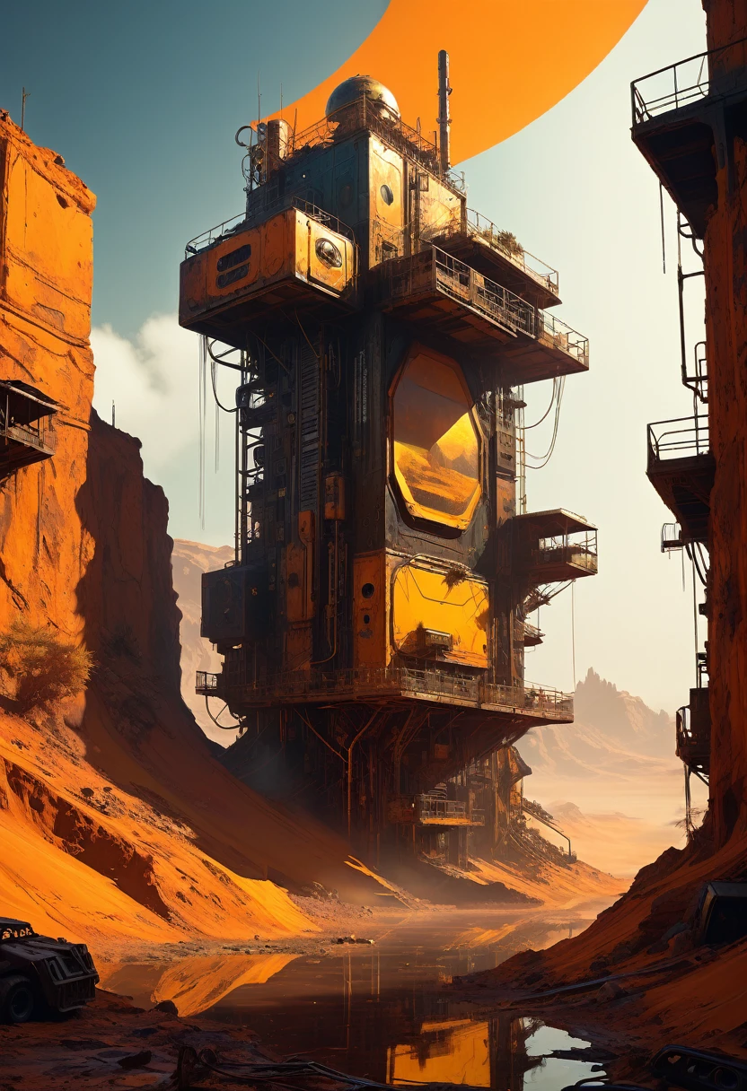 Oracle of the Ochre Oasis, Cannibal, new attitude, sense of awe and scale, in the art style of Filip Hodas, a grimdark dystopian cyberpunk post-apocalyptic style