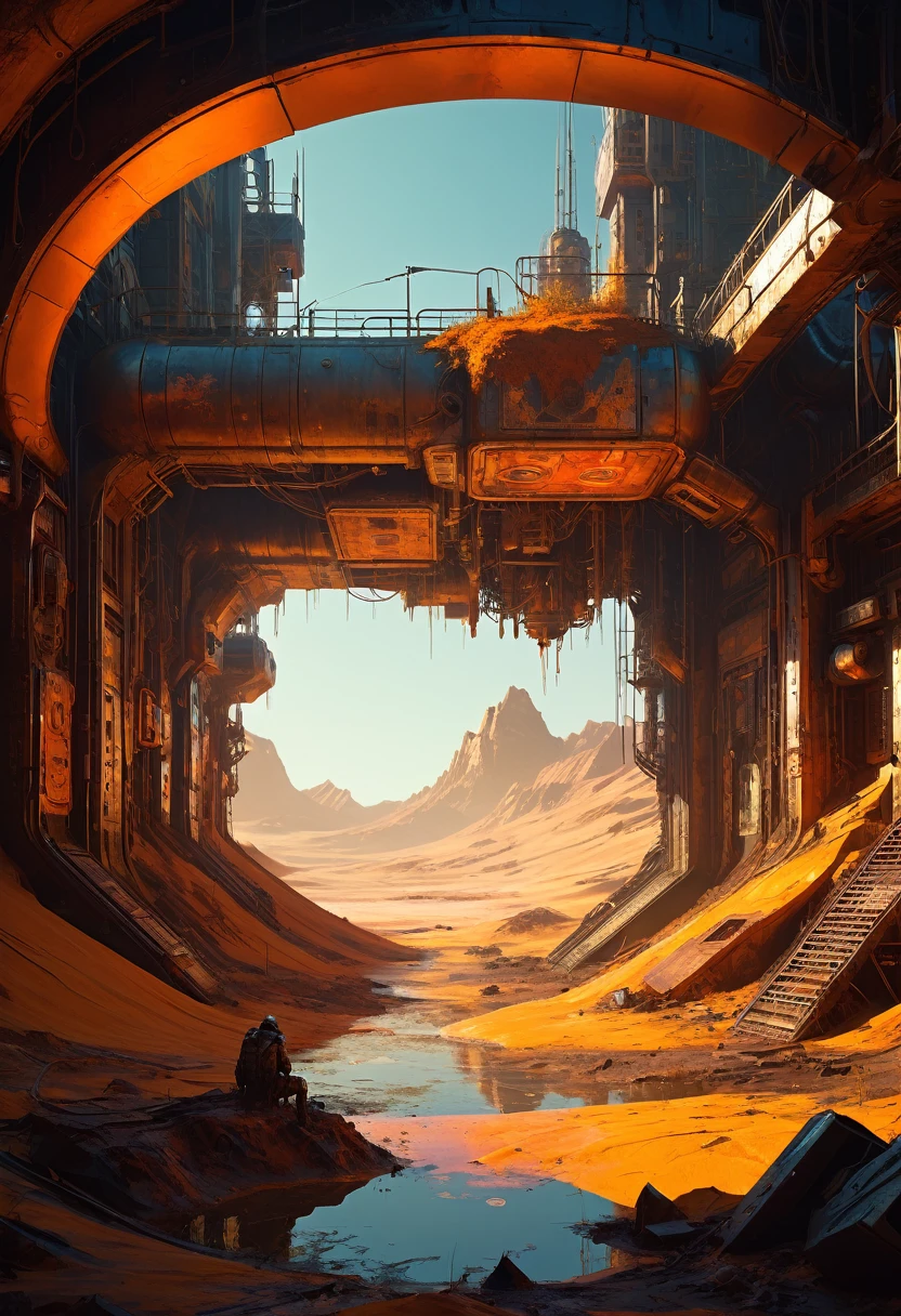 Oracle of the Ochre Oasis, Cannibal, new attitude, sense of awe and scale, in the art style of Filip Hodas, a grimdark dystopian cyberpunk post-apocalyptic style