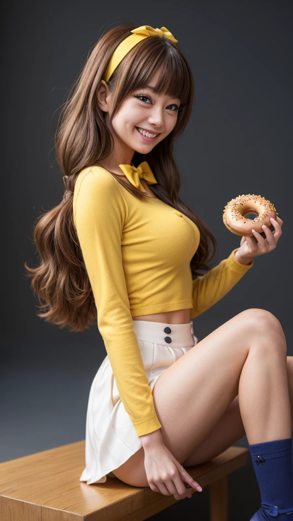 amanogawaki, One girl, alone, Yellow hair band, bow tie, star (symbol), , Long sleeve, White Skirt, Blue knee socks, Mary Jane, smile, View your viewers, Grin, Sitting, Simple Background, From the side, Donut Background 、topless、Small breasts exposed