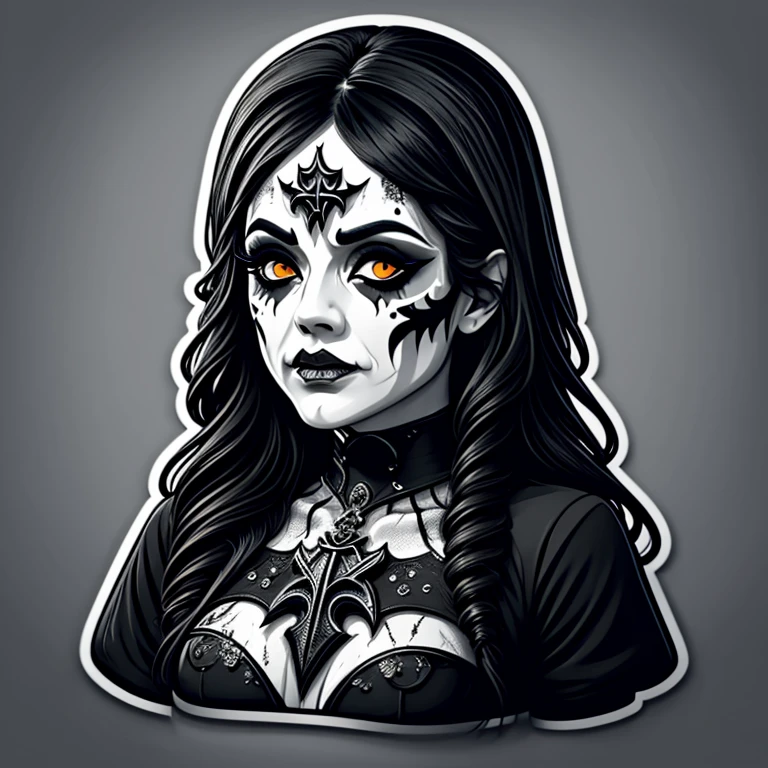 a drawing of a woman, women's t-shirt with very detailed makeup, Paint (in Portuguese: corpseing) is a type of black and white facial painting, widely used by black metal bands, streetwear design, professional vector, cartoon style, full design, only 3 colors, solid colors, no shadows, full design, sticker, basic colors, white background. basic colors like blue, black and gray.