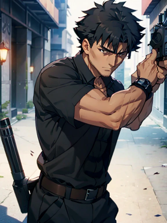 Emiya Kiritsugu,flexing biceps,black tshirt,short sleeves,showing abs, ,  gun, aiming